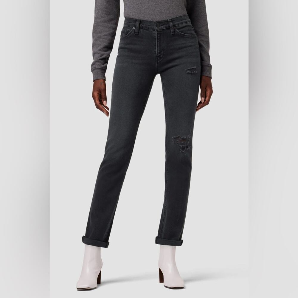 Hudson Womens NEW  Black Mid Ride Straight Leg Distressed Nico Jeans 32